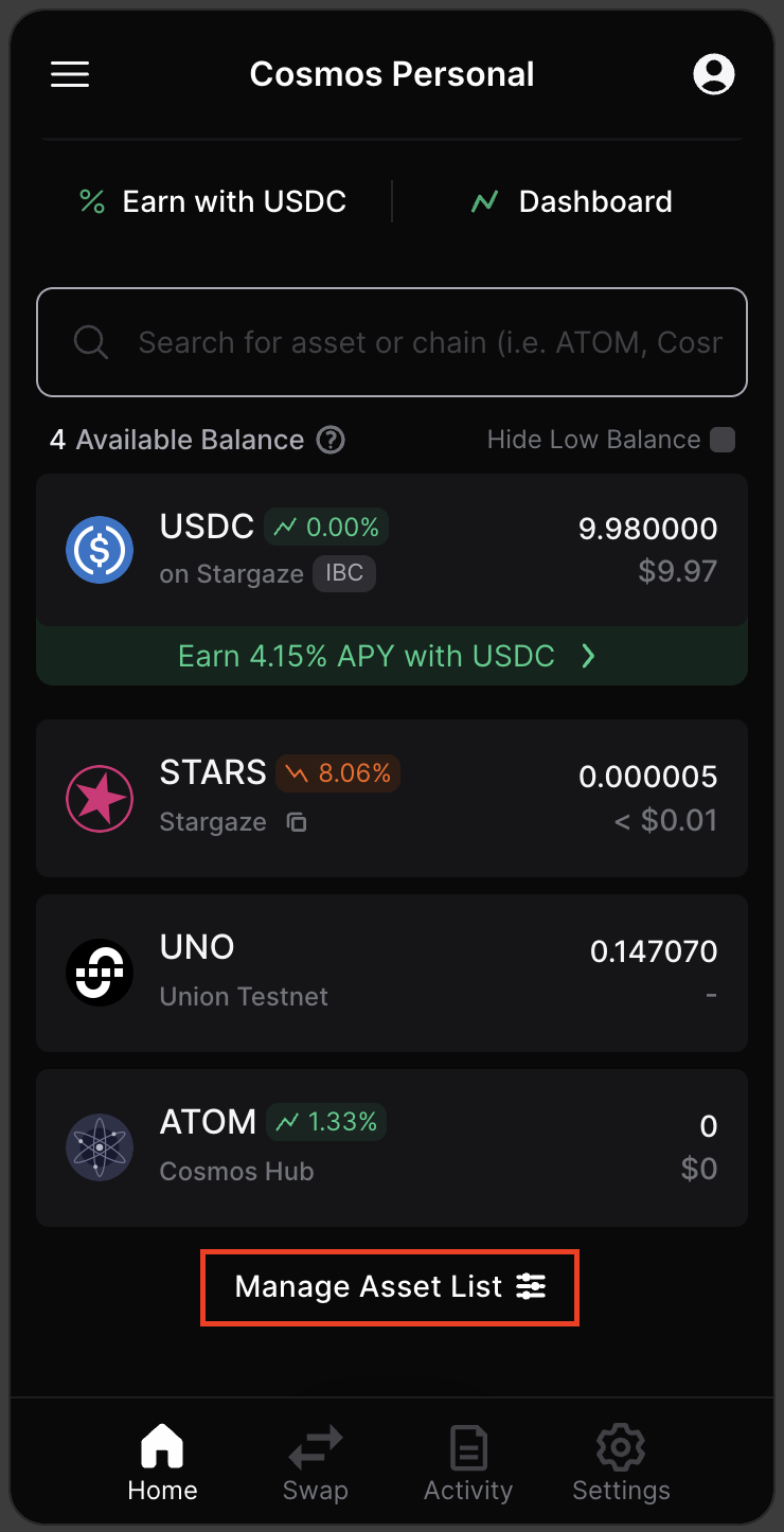 screenshot highlighting where to manage assets in kelpr